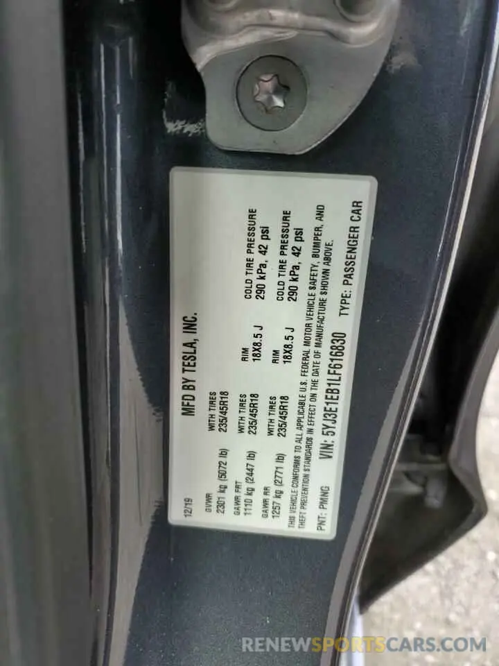 12 Photograph of a damaged car 5YJ3E1EB1LF616830 TESLA MODEL 3 2020