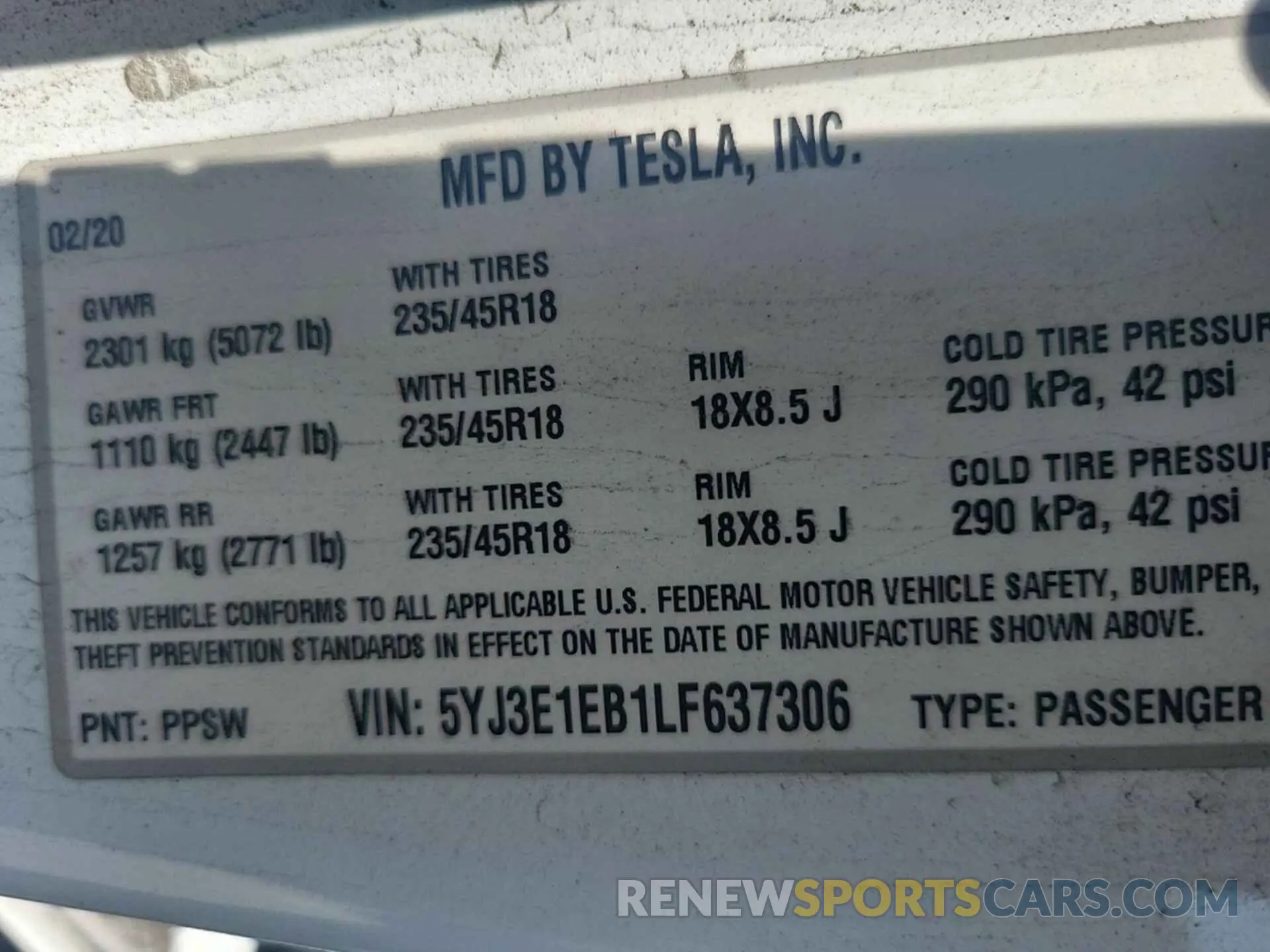 8 Photograph of a damaged car 5YJ3E1EB1LF637306 TESLA MODEL 3 2020