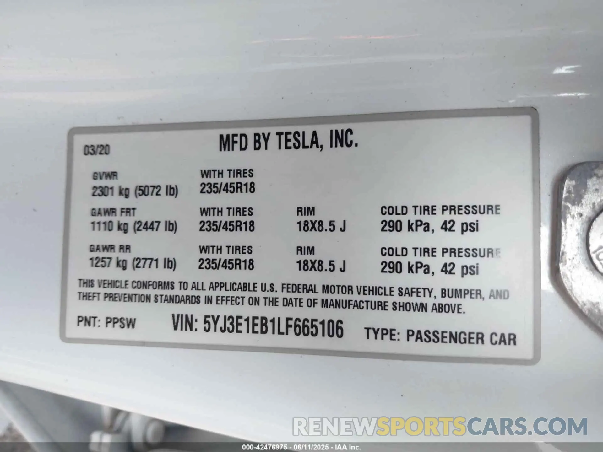 9 Photograph of a damaged car 5YJ3E1EB1LF665106 TESLA MODEL 3 2020