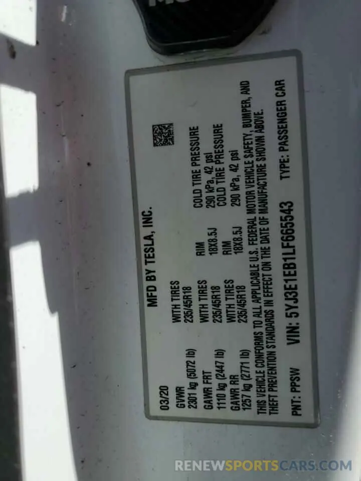 15 Photograph of a damaged car 5YJ3E1EB1LF665543 TESLA MODEL 3 2020