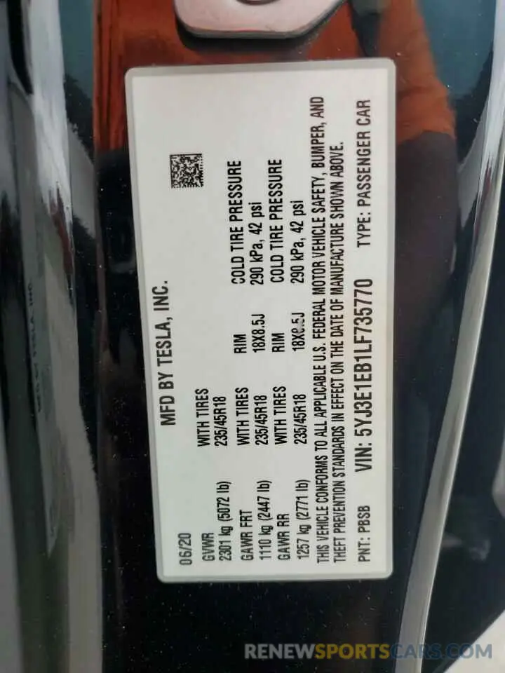 14 Photograph of a damaged car 5YJ3E1EB1LF735770 TESLA MODEL 3 2020