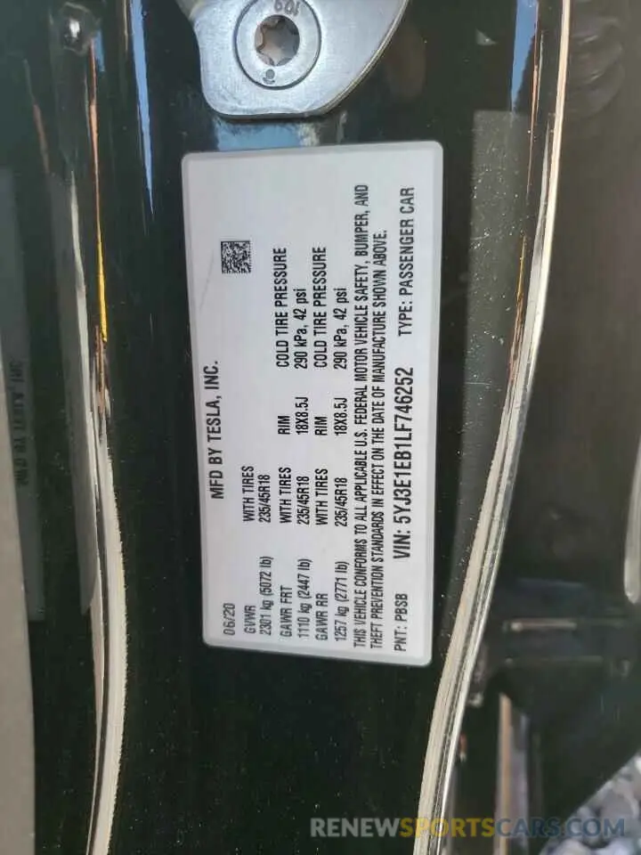 12 Photograph of a damaged car 5YJ3E1EB1LF746252 TESLA MODEL 3 2020