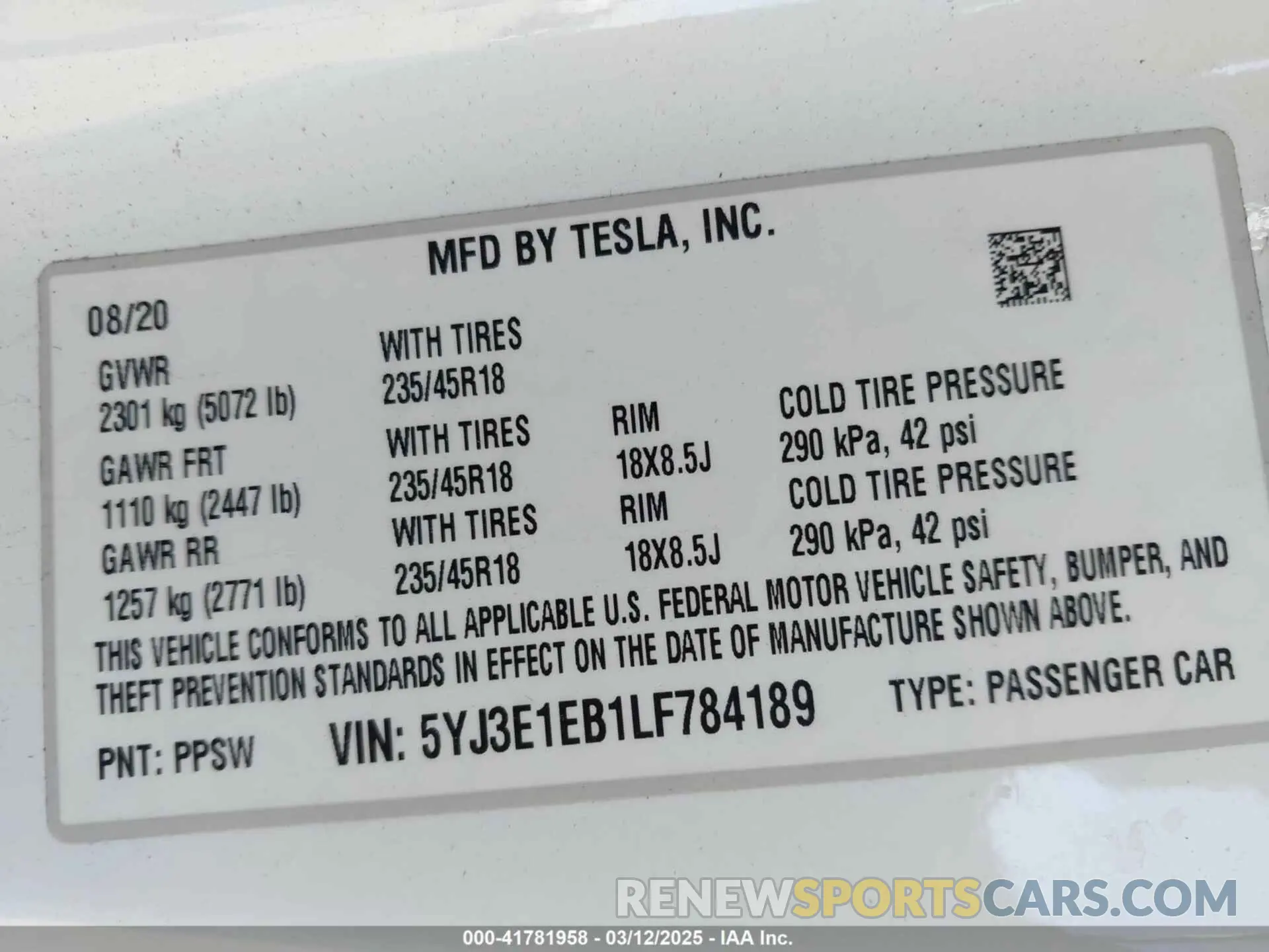 8 Photograph of a damaged car 5YJ3E1EB1LF784189 TESLA MODEL 3 2020