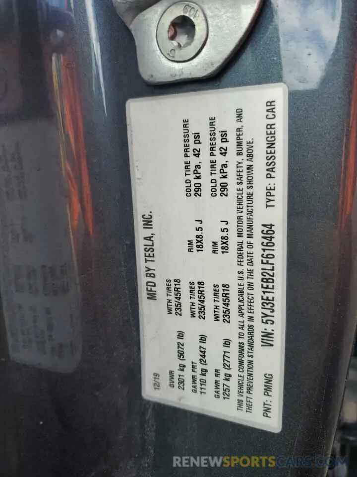12 Photograph of a damaged car 5YJ3E1EB2LF616464 TESLA MODEL 3 2020