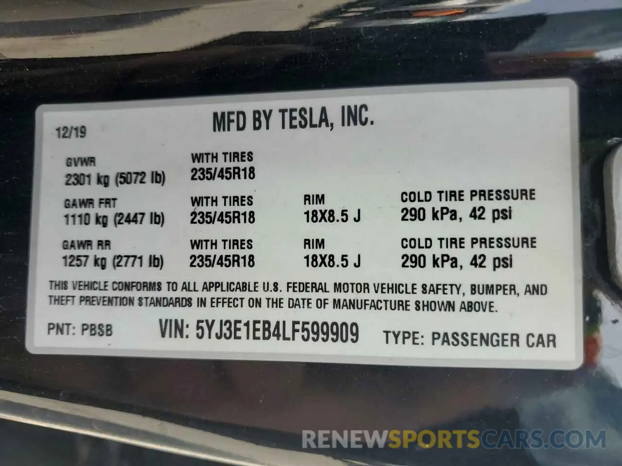 13 Photograph of a damaged car 5YJ3E1EB4LF599909 TESLA MODEL 3 2020