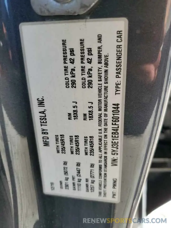 12 Photograph of a damaged car 5YJ3E1EB4LF601044 TESLA MODEL 3 2020