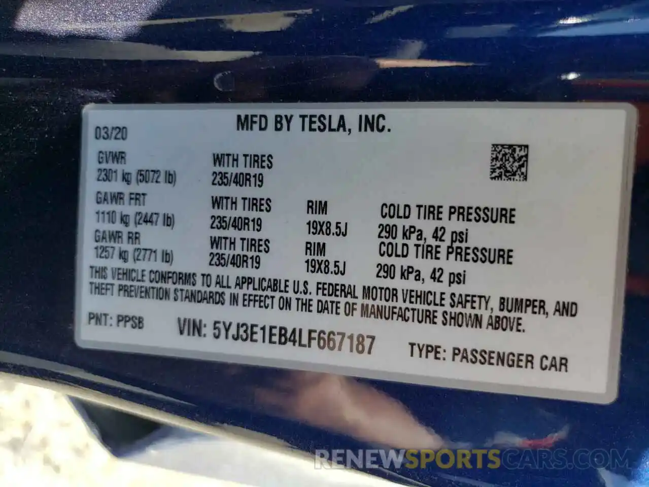 10 Photograph of a damaged car 5YJ3E1EB4LF667187 TESLA MODEL 3 2020