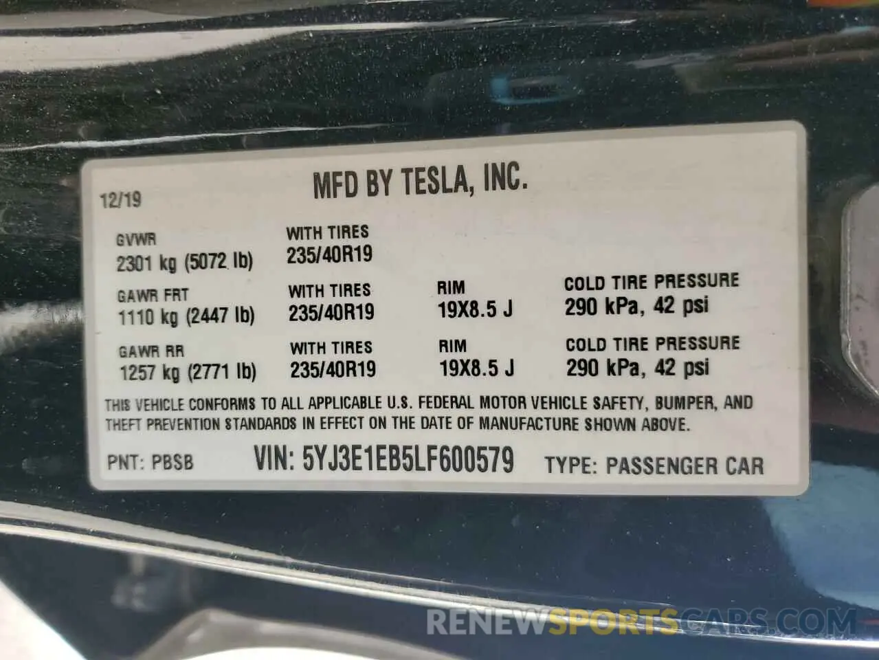13 Photograph of a damaged car 5YJ3E1EB5LF600579 TESLA MODEL 3 2020