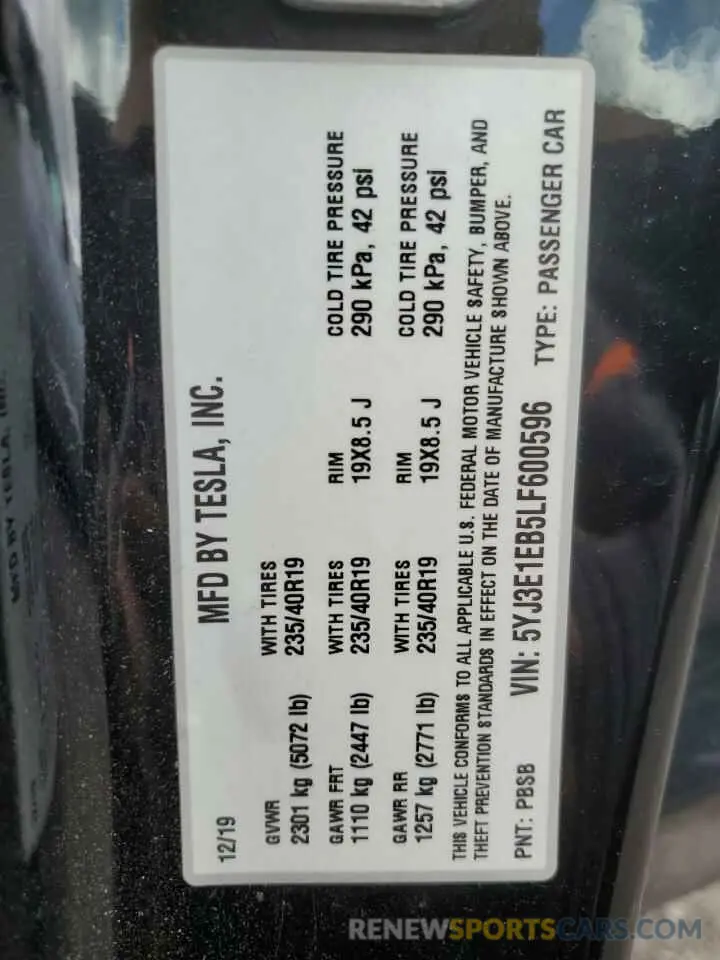 12 Photograph of a damaged car 5YJ3E1EB5LF600596 TESLA MODEL 3 2020