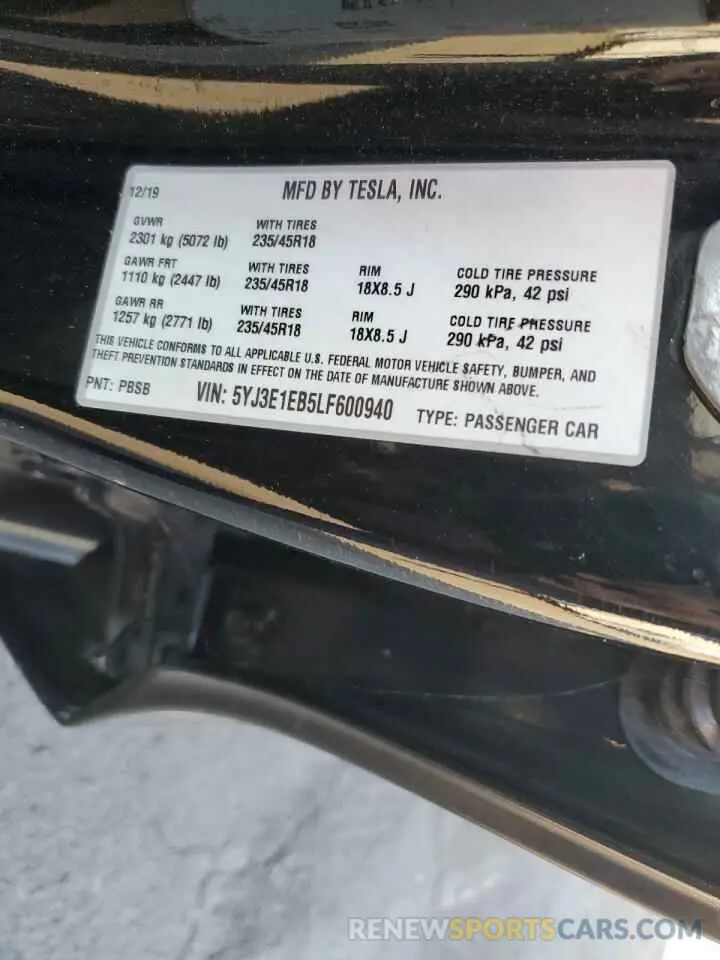 12 Photograph of a damaged car 5YJ3E1EB5LF600940 TESLA MODEL 3 2020