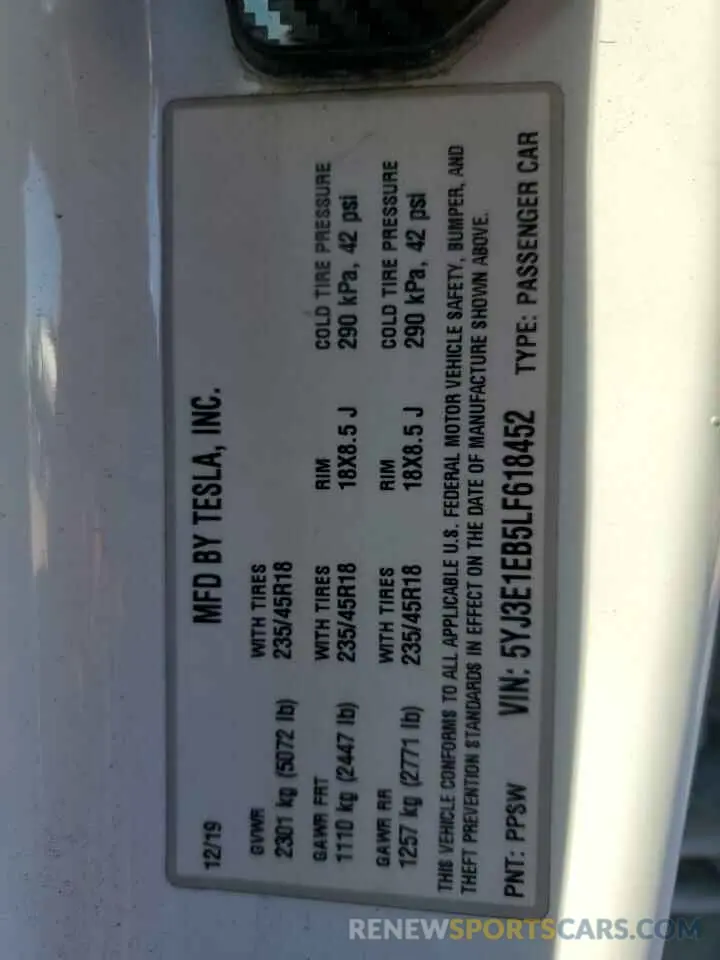 12 Photograph of a damaged car 5YJ3E1EB5LF618452 TESLA MODEL 3 2020