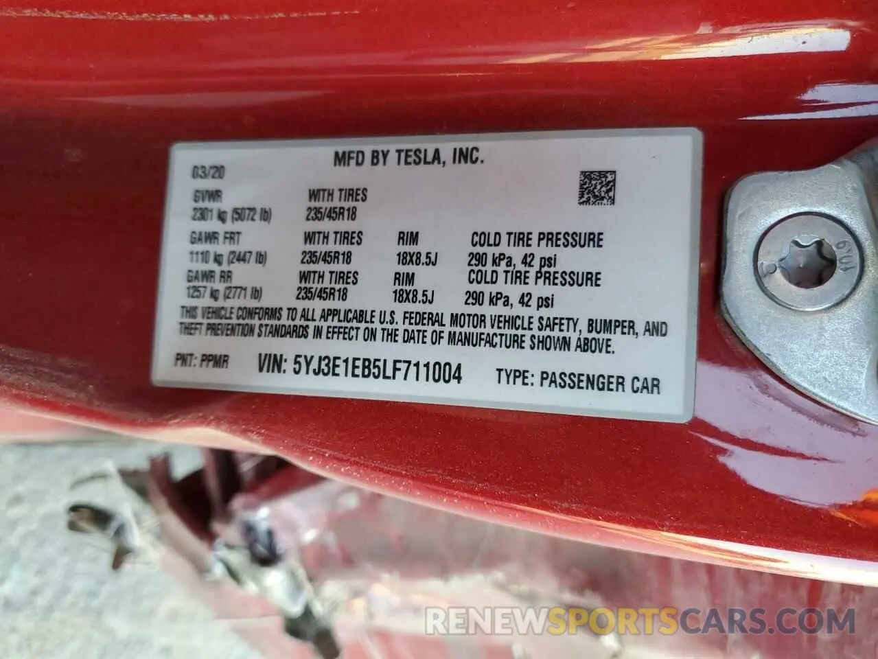 12 Photograph of a damaged car 5YJ3E1EB5LF711004 TESLA MODEL 3 2020