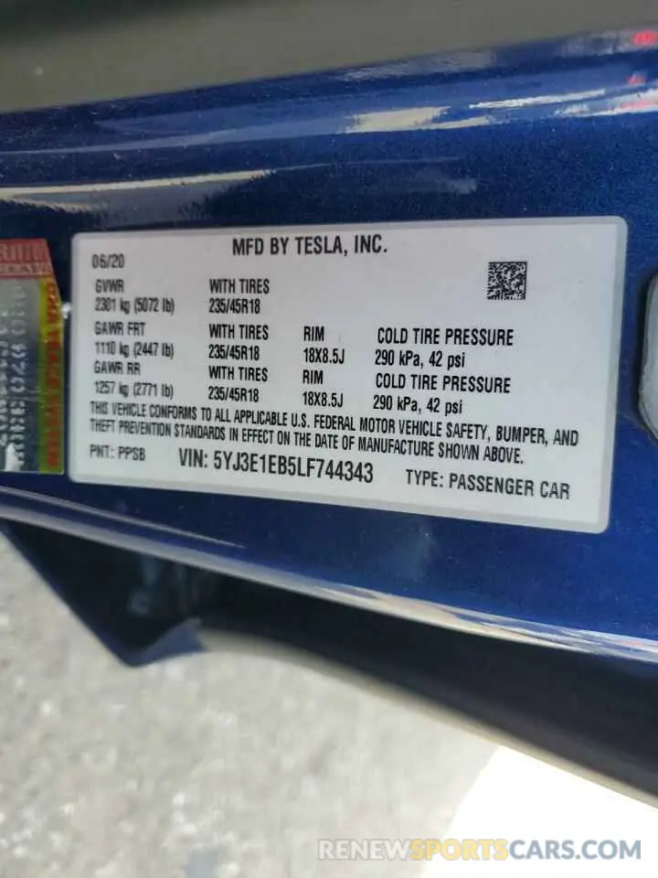 12 Photograph of a damaged car 5YJ3E1EB5LF744343 TESLA MODEL 3 2020