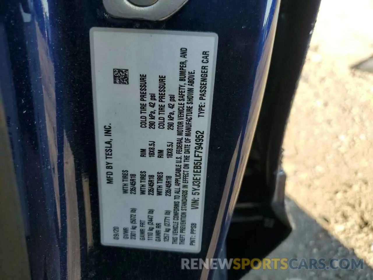 12 Photograph of a damaged car 5YJ3E1EB5LF794952 TESLA MODEL 3 2020