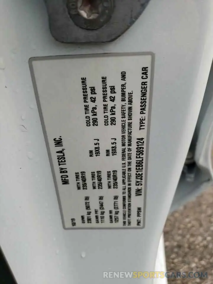 12 Photograph of a damaged car 5YJ3E1EB6LF589124 TESLA MODEL 3 2020