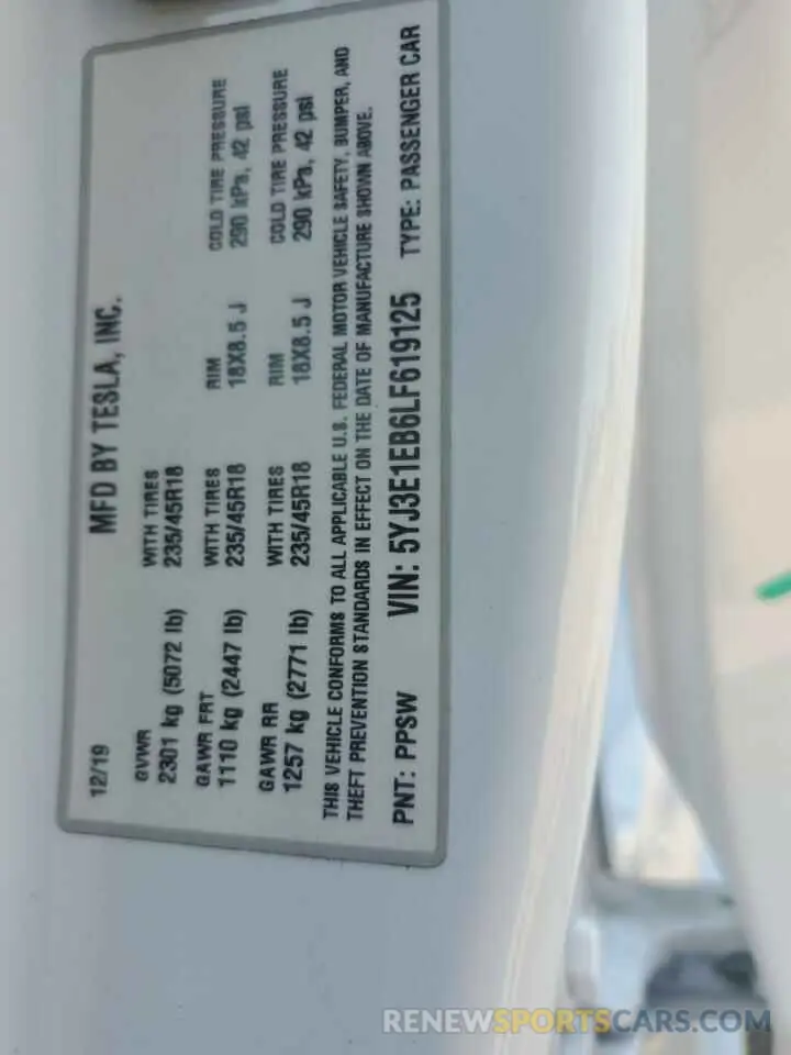12 Photograph of a damaged car 5YJ3E1EB6LF619125 TESLA MODEL 3 2020