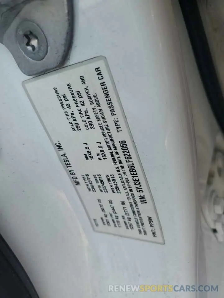 12 Photograph of a damaged car 5YJ3E1EB6LF622056 TESLA MODEL 3 2020