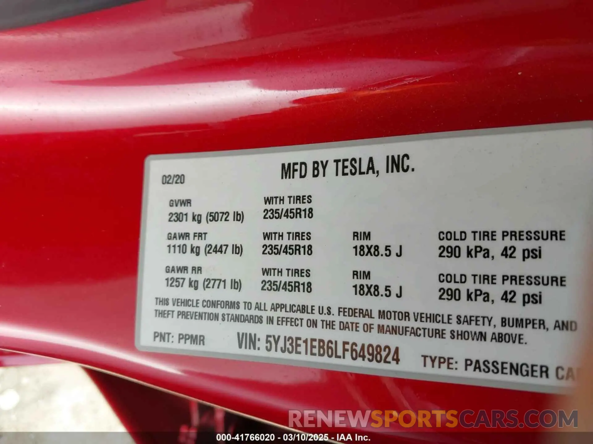 9 Photograph of a damaged car 5YJ3E1EB6LF649824 TESLA MODEL 3 2020