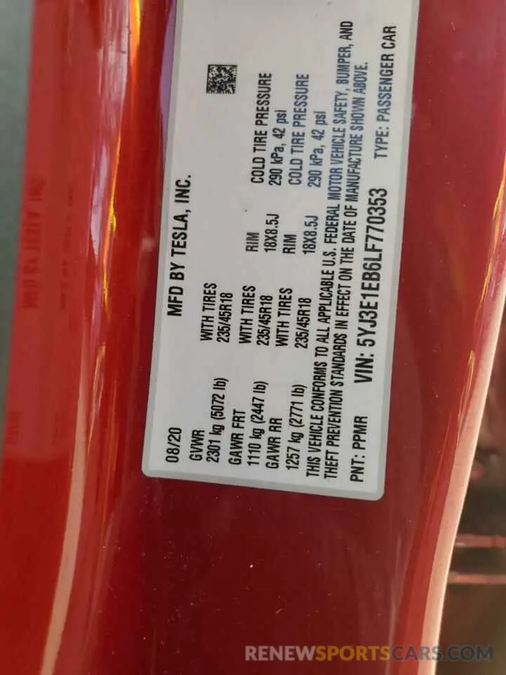 12 Photograph of a damaged car 5YJ3E1EB6LF770353 TESLA MODEL 3 2020