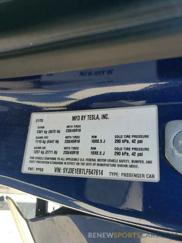 14 Photograph of a damaged car 5YJ3E1EB7LF647614 TESLA MODEL 3 2020
