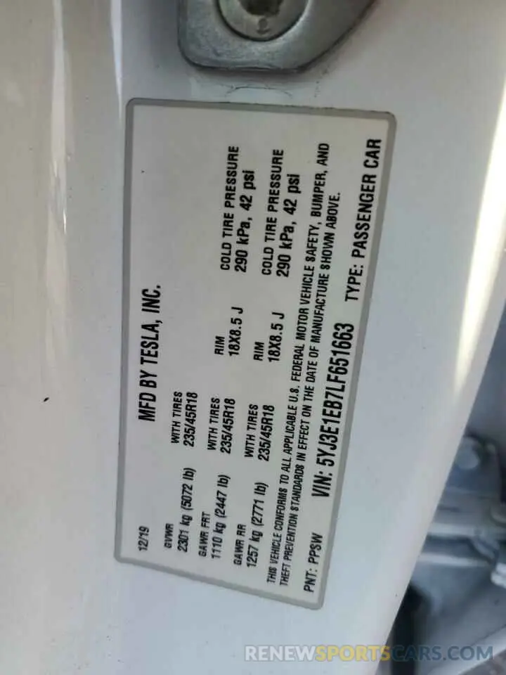 12 Photograph of a damaged car 5YJ3E1EB7LF651663 TESLA MODEL 3 2020