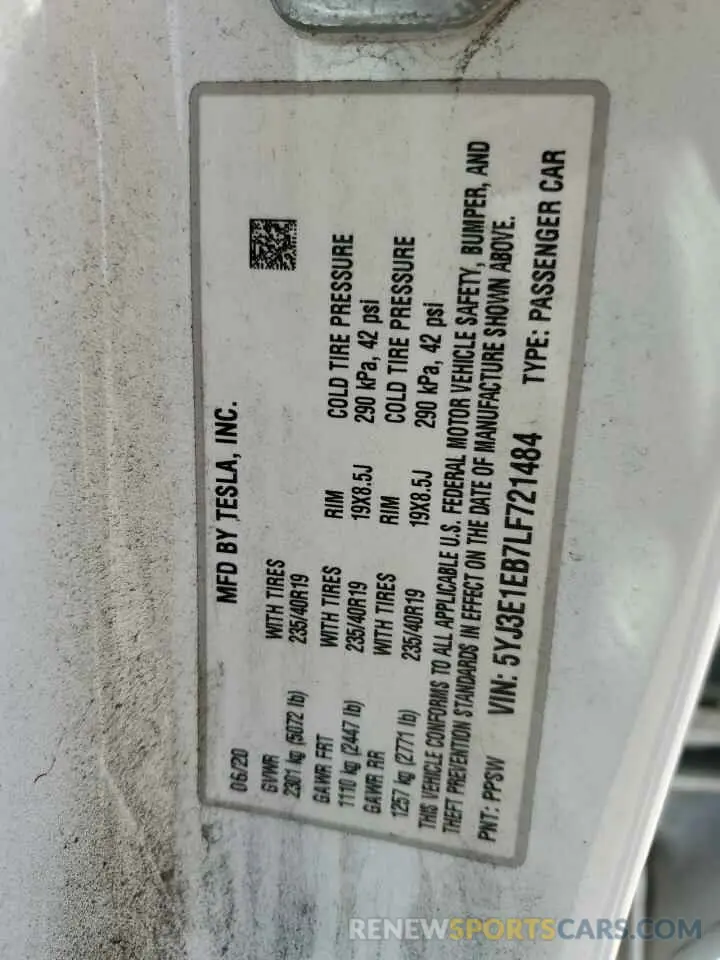 12 Photograph of a damaged car 5YJ3E1EB7LF721484 TESLA MODEL 3 2020