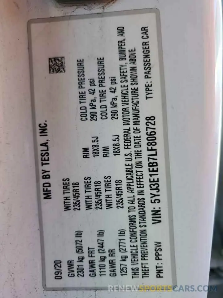 12 Photograph of a damaged car 5YJ3E1EB7LF806728 TESLA MODEL 3 2020