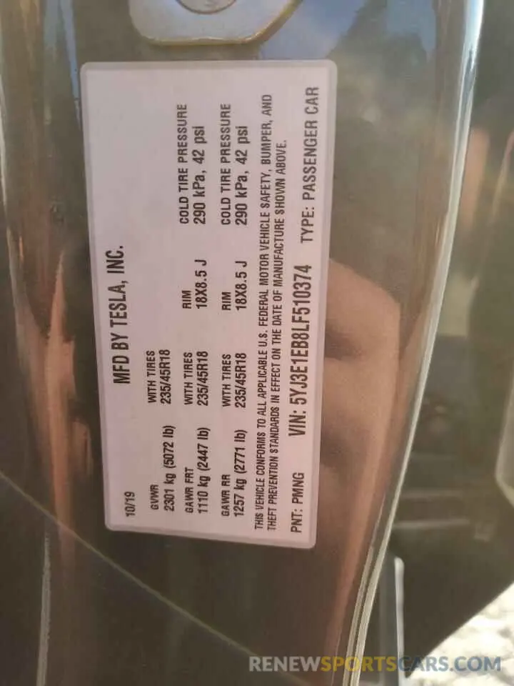 13 Photograph of a damaged car 5YJ3E1EB8LF510374 TESLA MODEL 3 2020