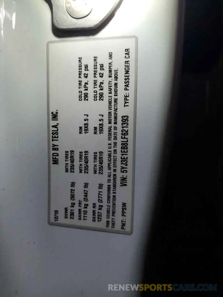 12 Photograph of a damaged car 5YJ3E1EB8LF621393 TESLA MODEL 3 2020