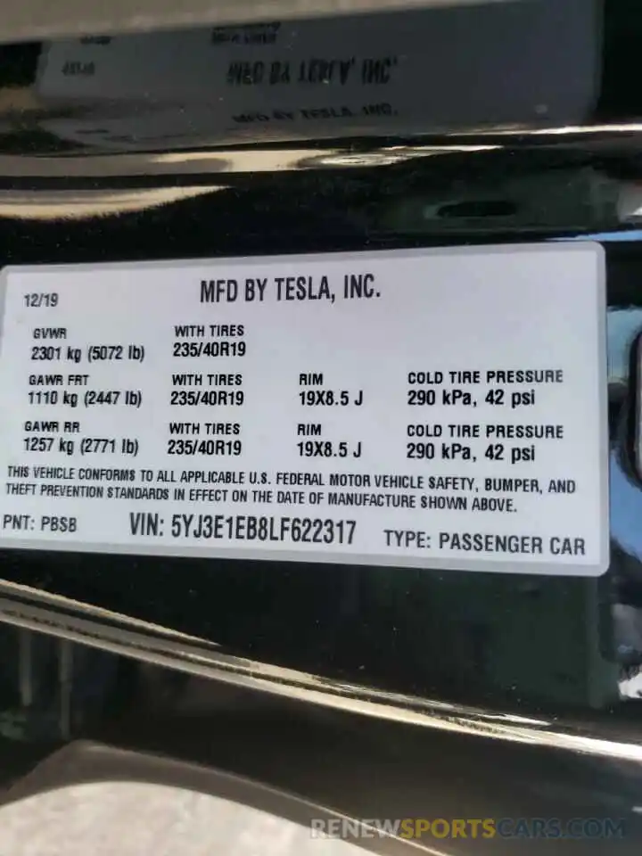 10 Photograph of a damaged car 5YJ3E1EB8LF622317 TESLA MODEL 3 2020