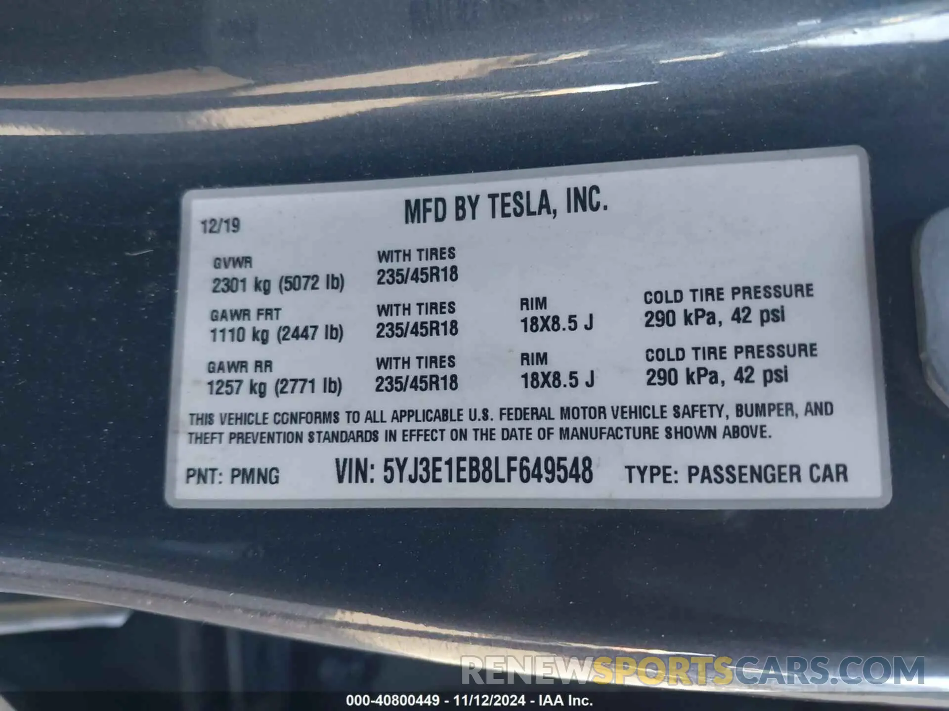 9 Photograph of a damaged car 5YJ3E1EB8LF649548 TESLA MODEL 3 2020