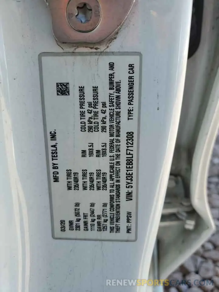12 Photograph of a damaged car 5YJ3E1EB8LF712308 TESLA MODEL 3 2020