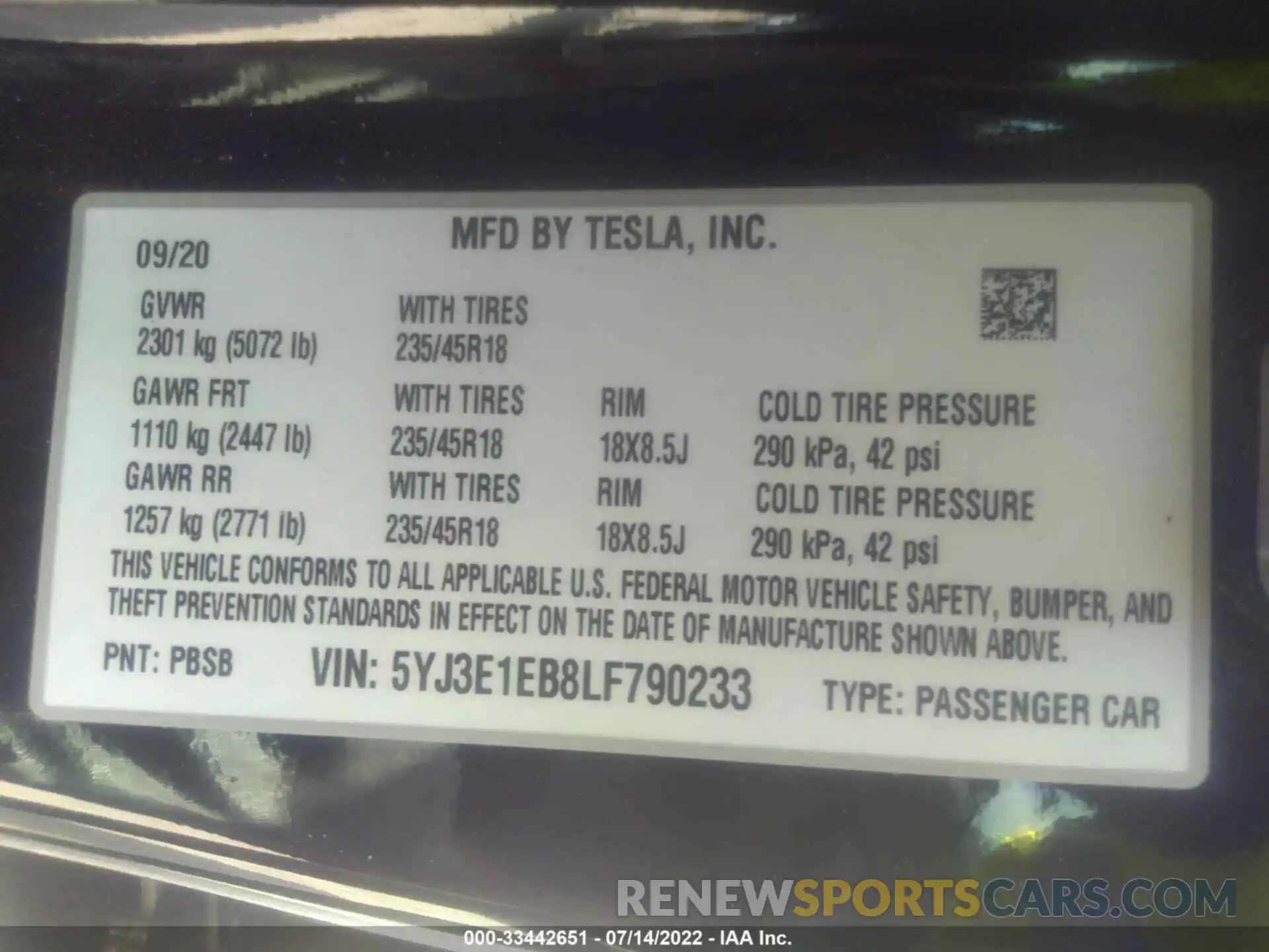 9 Photograph of a damaged car 5YJ3E1EB8LF790233 TESLA MODEL 3 2020