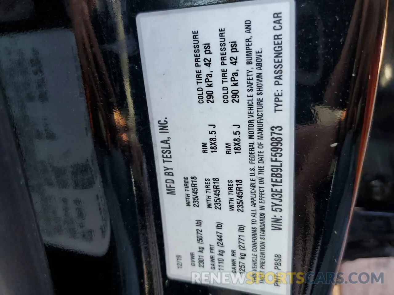 12 Photograph of a damaged car 5YJ3E1EB9LF599873 TESLA MODEL 3 2020