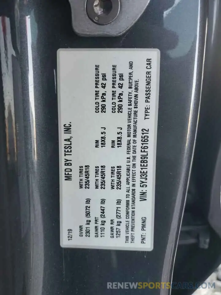 12 Photograph of a damaged car 5YJ3E1EB9LF616512 TESLA MODEL 3 2020