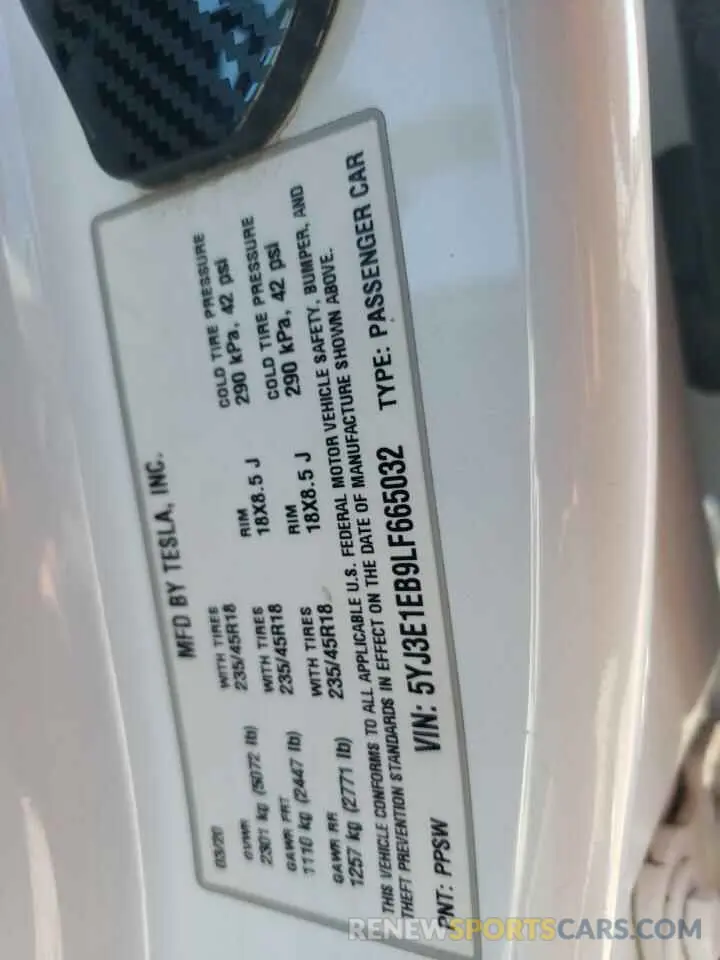 13 Photograph of a damaged car 5YJ3E1EB9LF665032 TESLA MODEL 3 2020