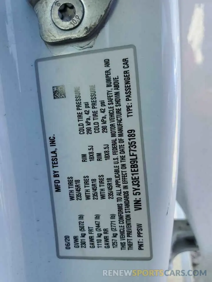13 Photograph of a damaged car 5YJ3E1EB9LF735189 TESLA MODEL 3 2020