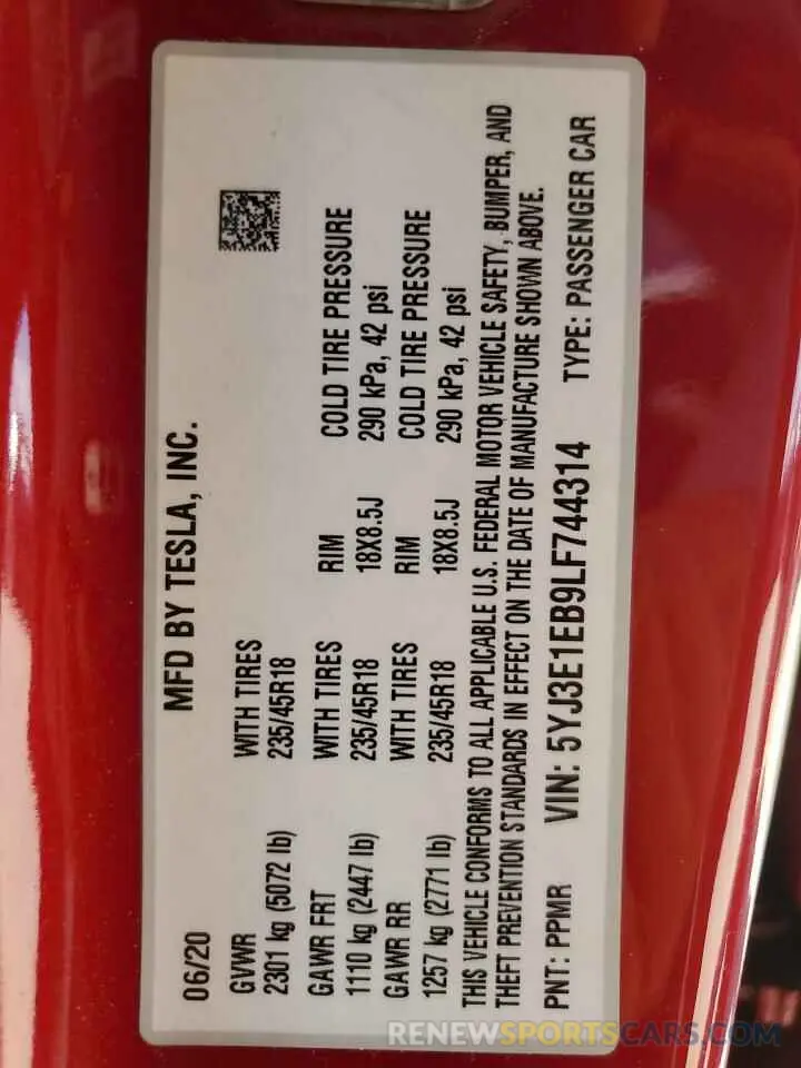 13 Photograph of a damaged car 5YJ3E1EB9LF744314 TESLA MODEL 3 2020
