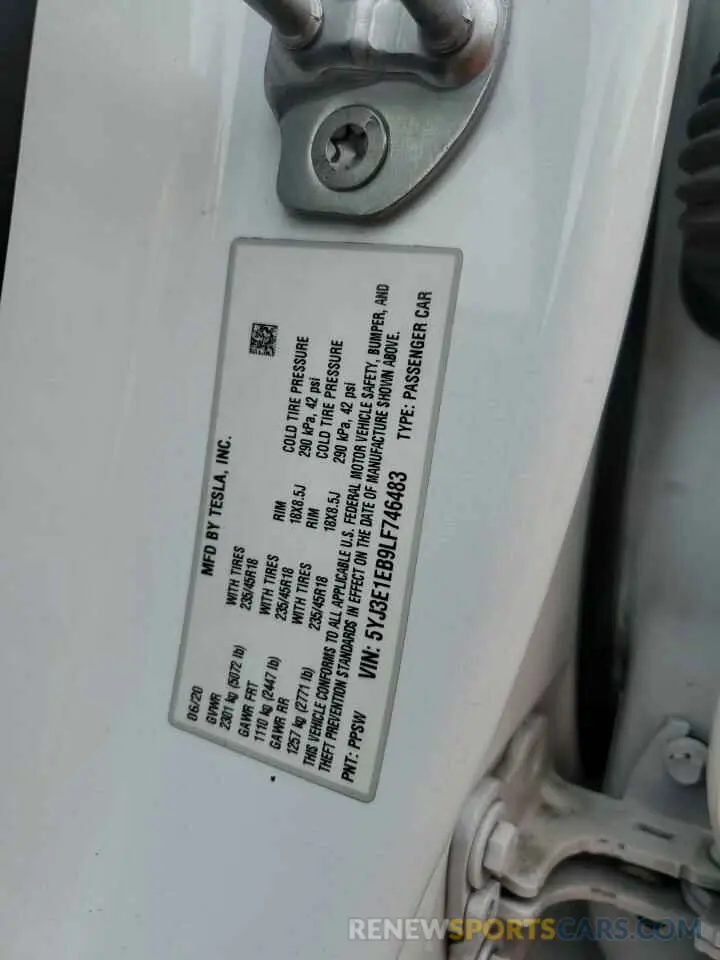 12 Photograph of a damaged car 5YJ3E1EB9LF746483 TESLA MODEL 3 2020
