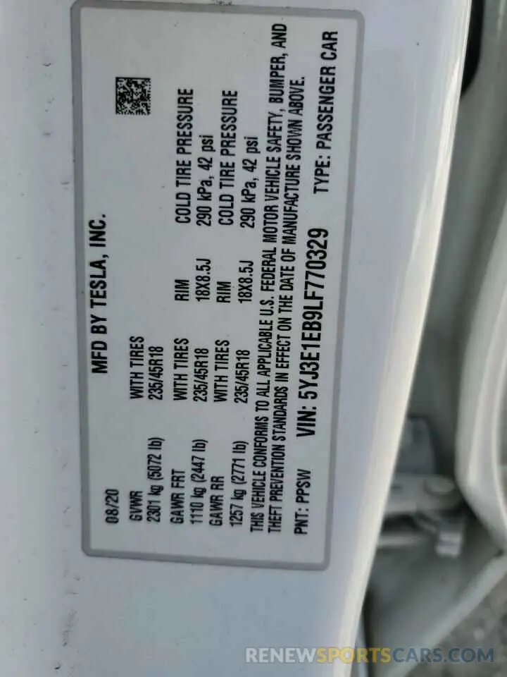 13 Photograph of a damaged car 5YJ3E1EB9LF770329 TESLA MODEL 3 2020