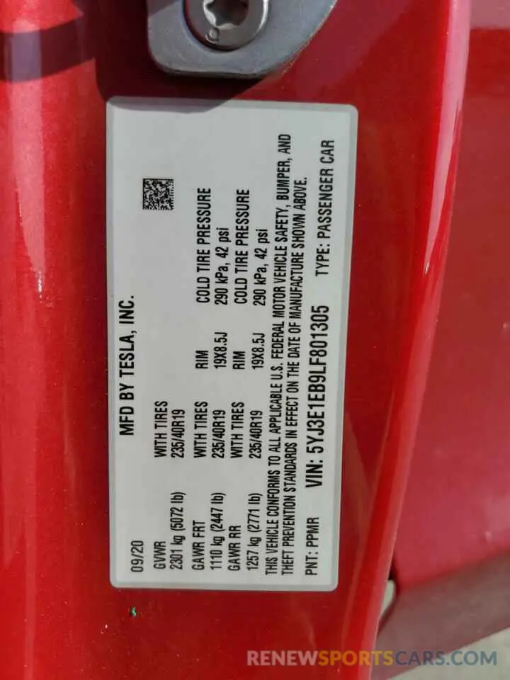 14 Photograph of a damaged car 5YJ3E1EB9LF801305 TESLA MODEL 3 2020