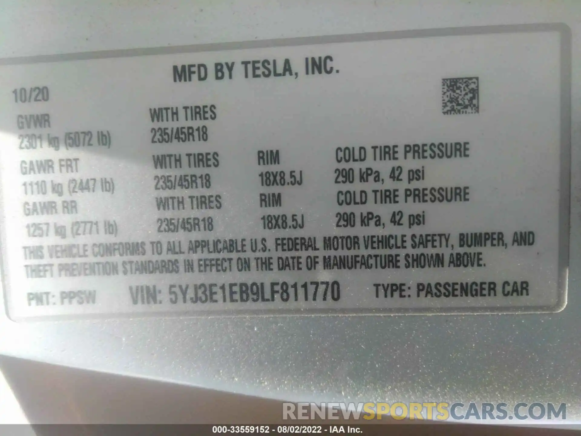 9 Photograph of a damaged car 5YJ3E1EB9LF811770 TESLA MODEL 3 2020