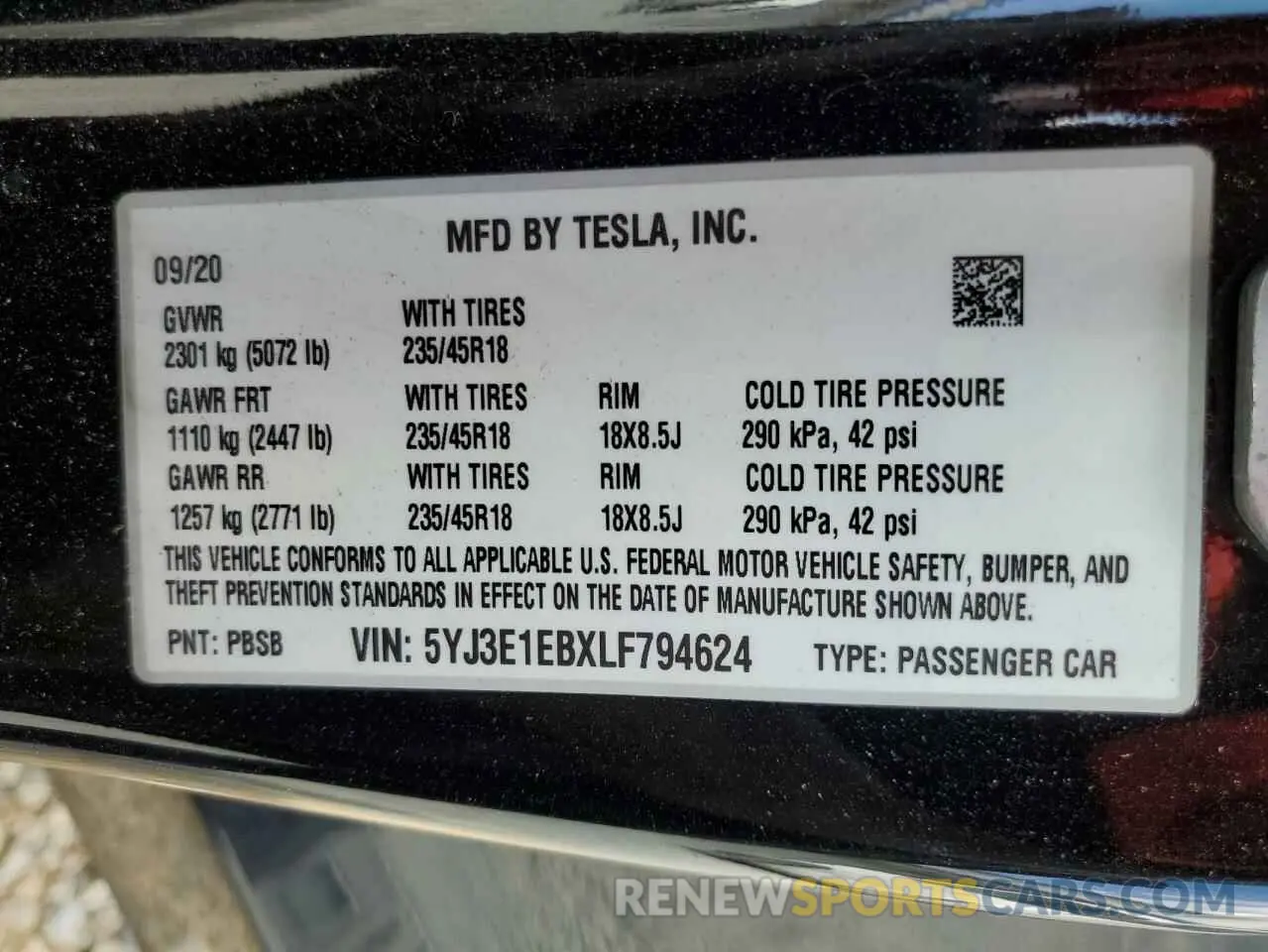 12 Photograph of a damaged car 5YJ3E1EBXLF794624 TESLA MODEL 3 2020