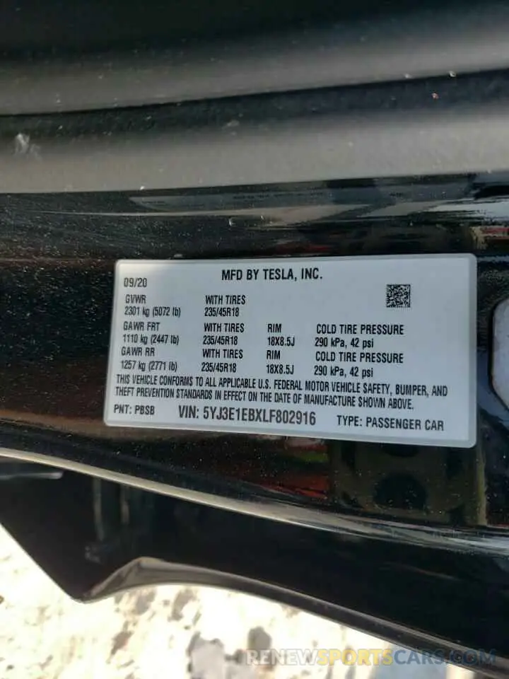 12 Photograph of a damaged car 5YJ3E1EBXLF802916 TESLA MODEL 3 2020