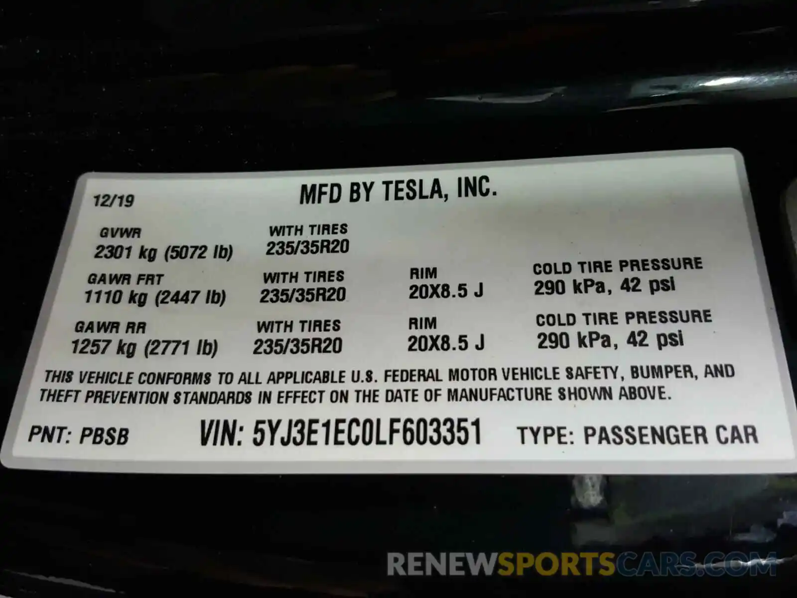 10 Photograph of a damaged car 5YJ3E1EC0LF603351 TESLA MODEL 3 2020