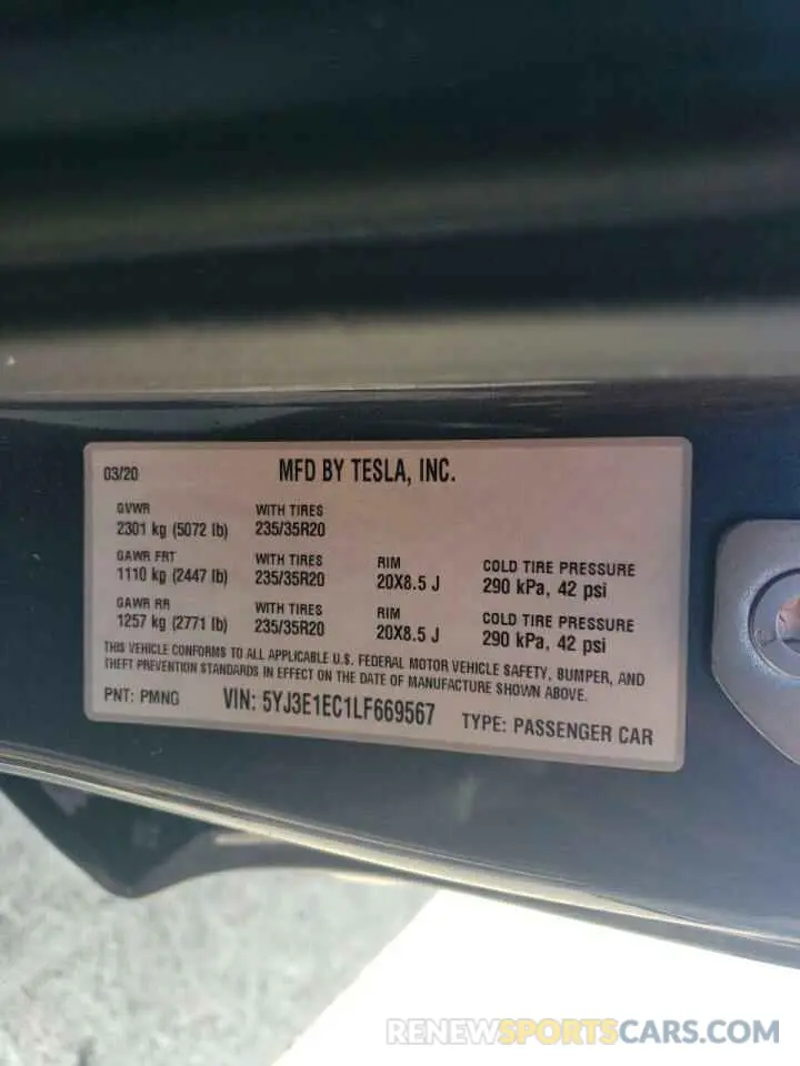 12 Photograph of a damaged car 5YJ3E1EC1LF669567 TESLA MODEL 3 2020