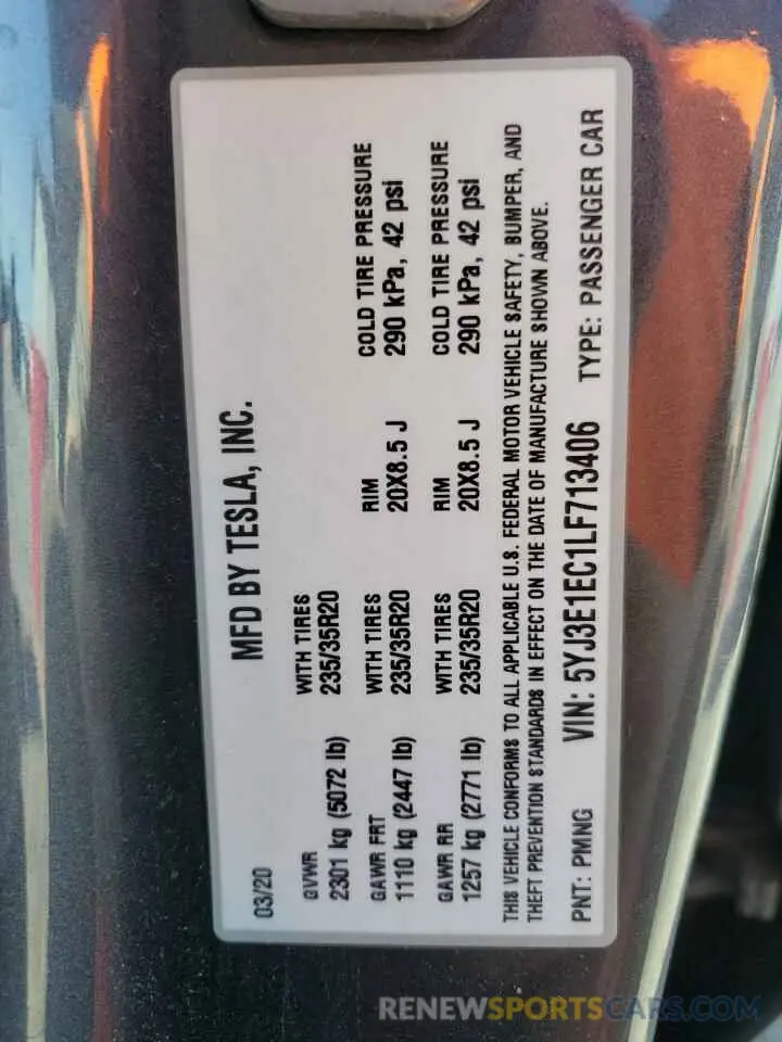 12 Photograph of a damaged car 5YJ3E1EC1LF713406 TESLA MODEL 3 2020