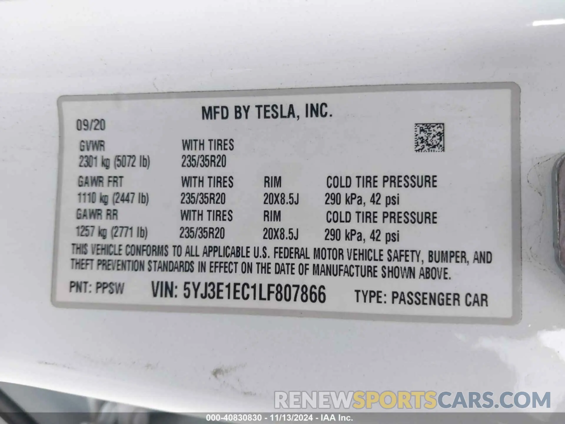 9 Photograph of a damaged car 5YJ3E1EC1LF807866 TESLA MODEL 3 2020