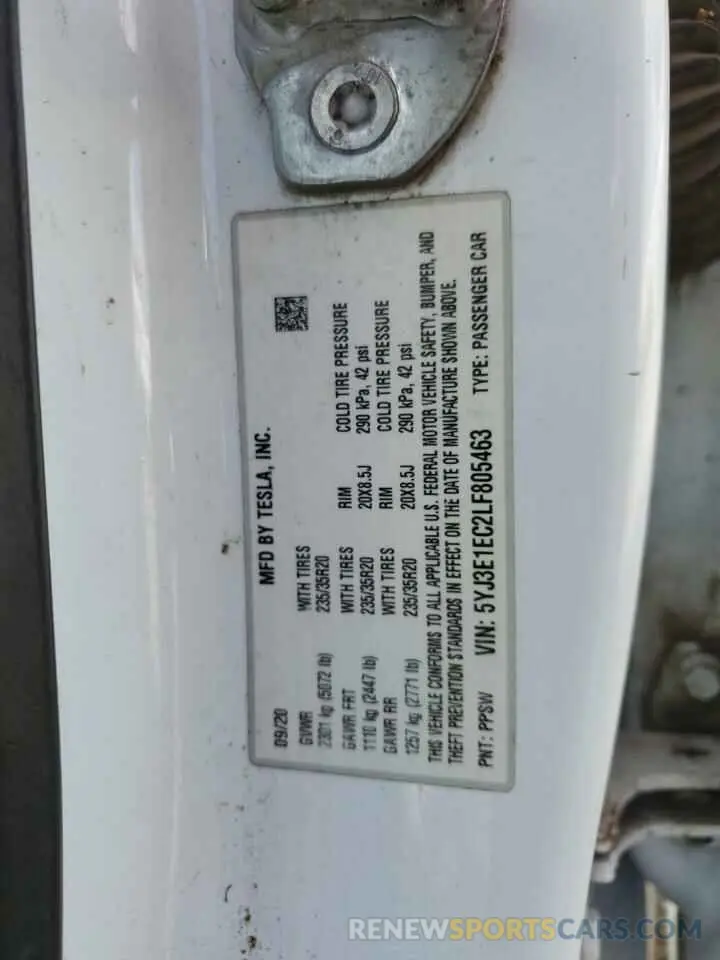 12 Photograph of a damaged car 5YJ3E1EC2LF805463 TESLA MODEL 3 2020