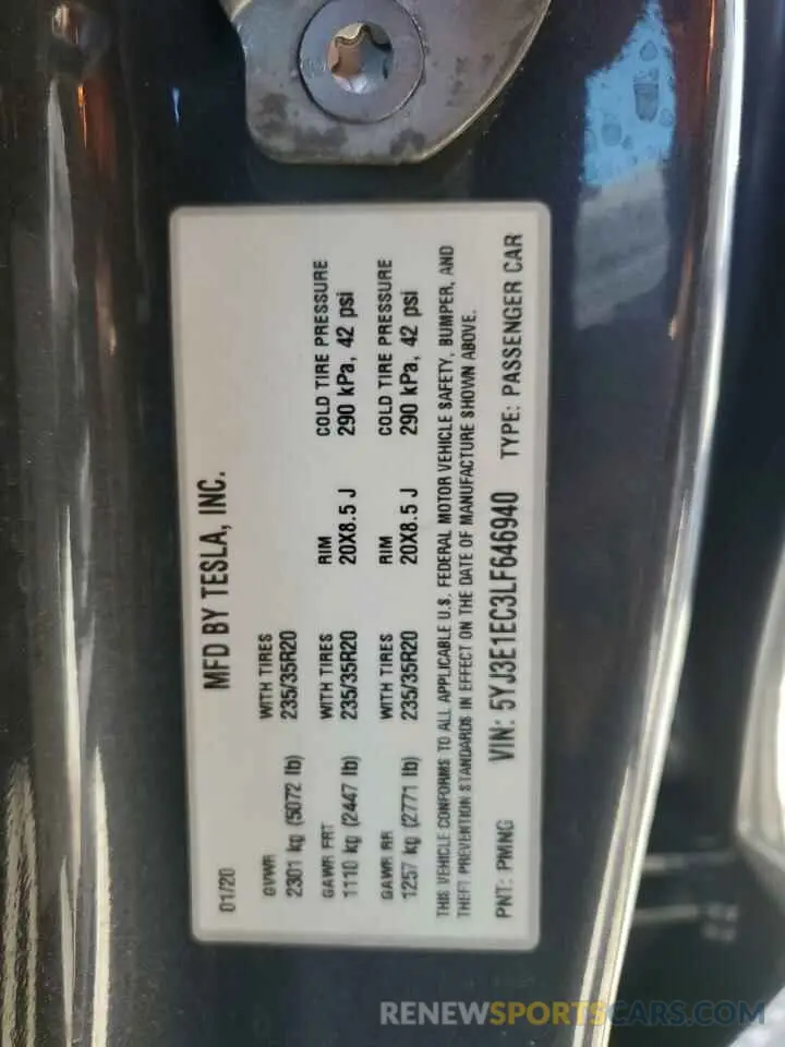 13 Photograph of a damaged car 5YJ3E1EC3LF646940 TESLA MODEL 3 2020